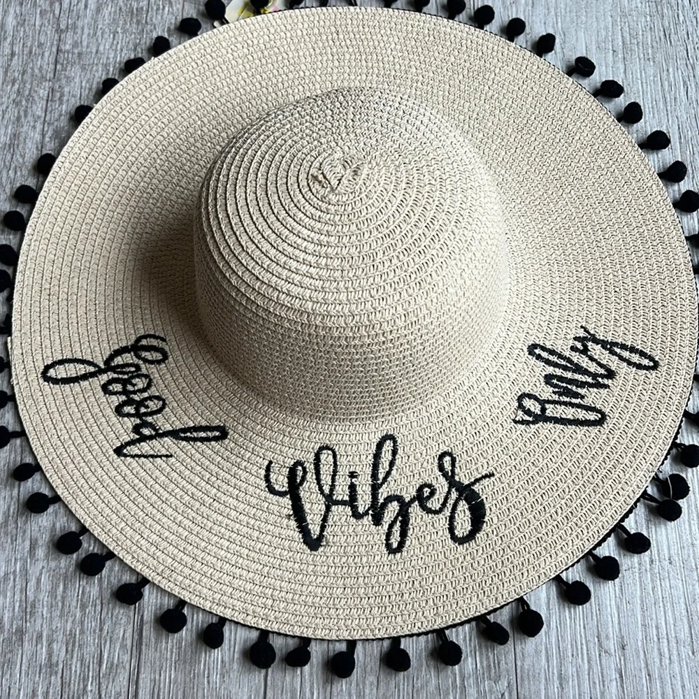 GB Girls/Junior Embroidered Good Vibes Only Straw Floppy Beach Summer Hat‎ NWT